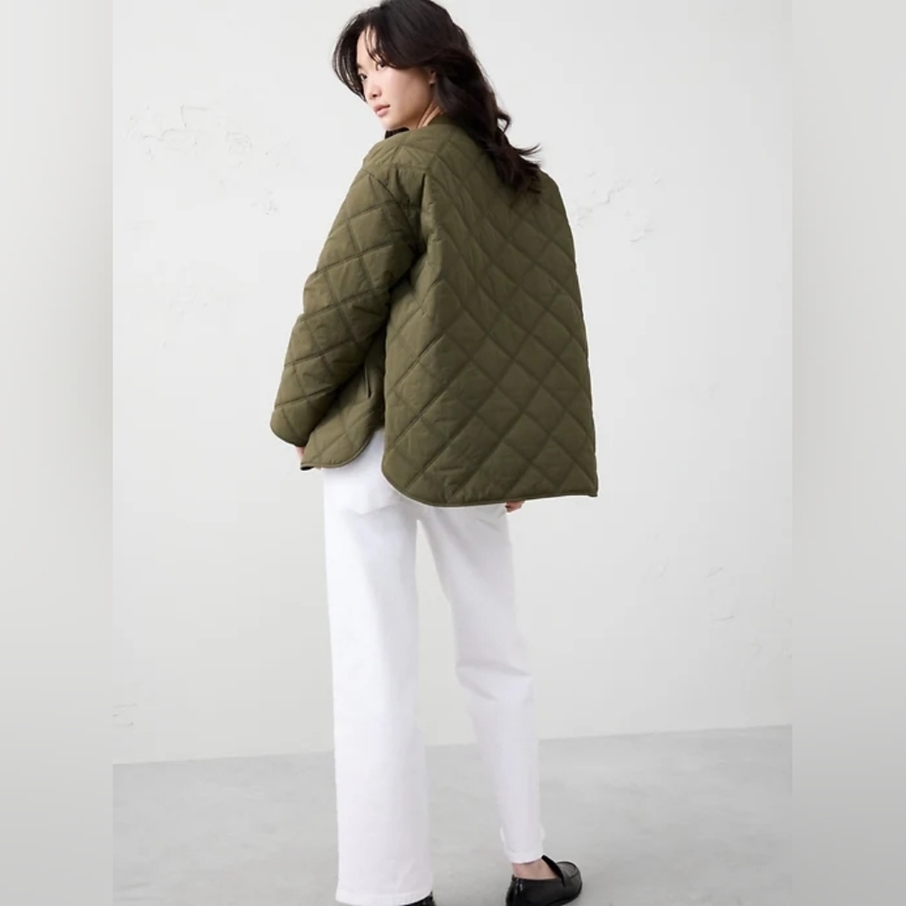 Banana Republic Nylon Quilted Jacket Water Resistant Snap Zip Bomber Green Small - Picture 2 of 14